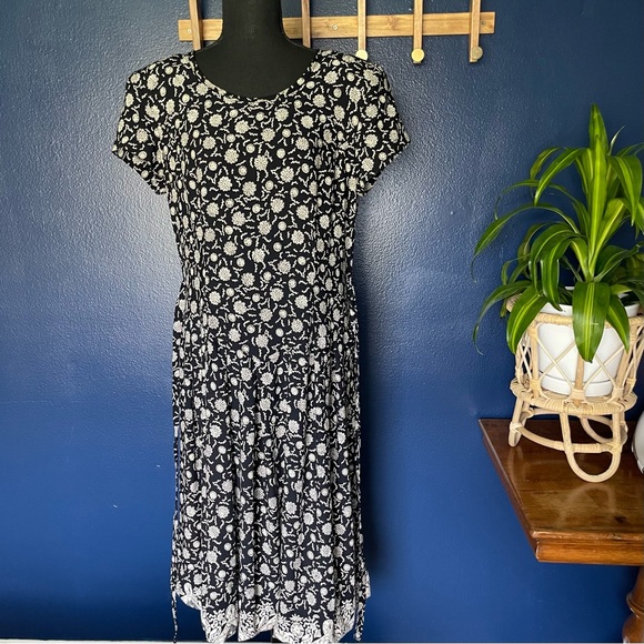 Vintage 90s Drop Waist Black Print Cottage Dress - Size 12 - Picture 7 of 9